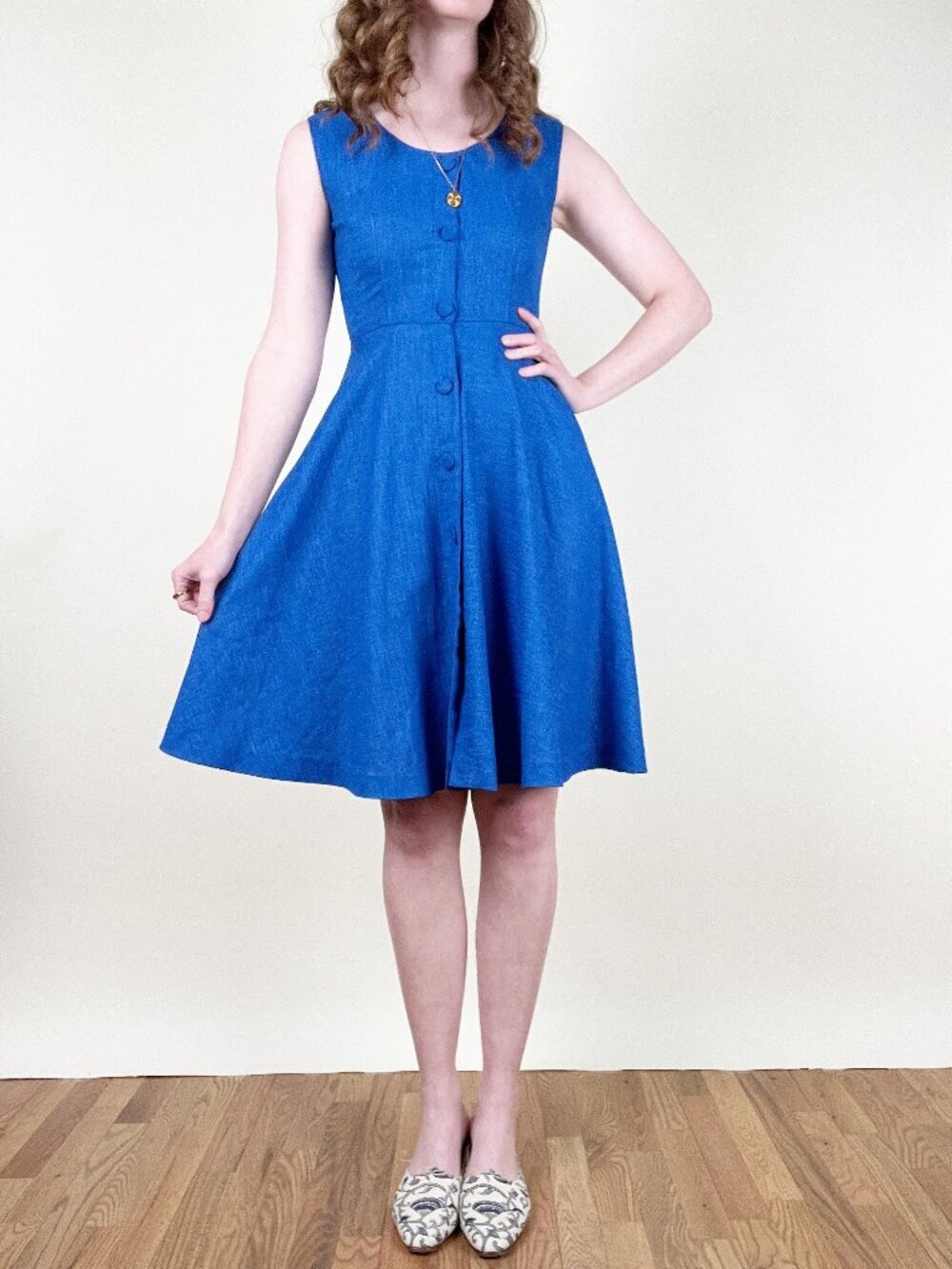 Vintage Royal Blue Sleeveless Button Front A-Line Mini Sun Dress Fit & Flare - Picture 2 of 5